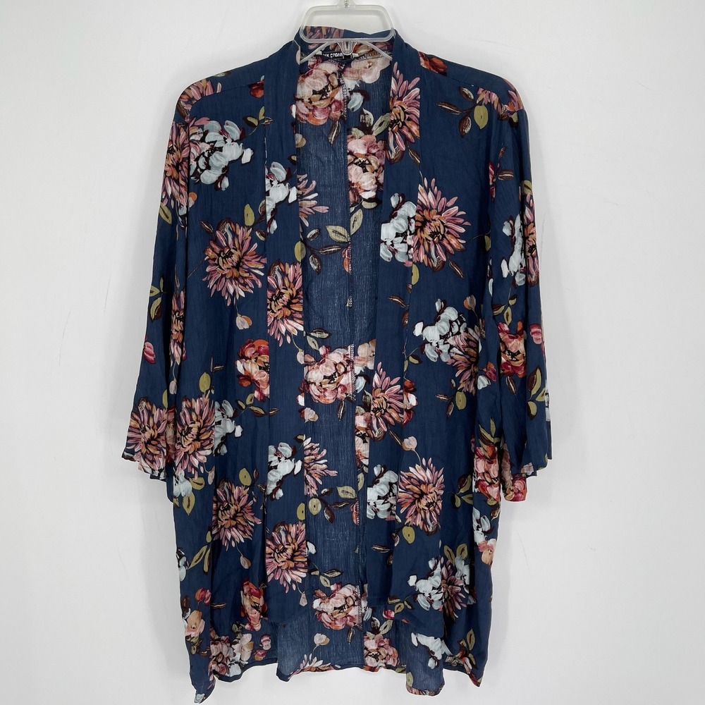 Pink Clover Women's Blue Floral Botanical Open Front Boho Kimono Cardigan Size L